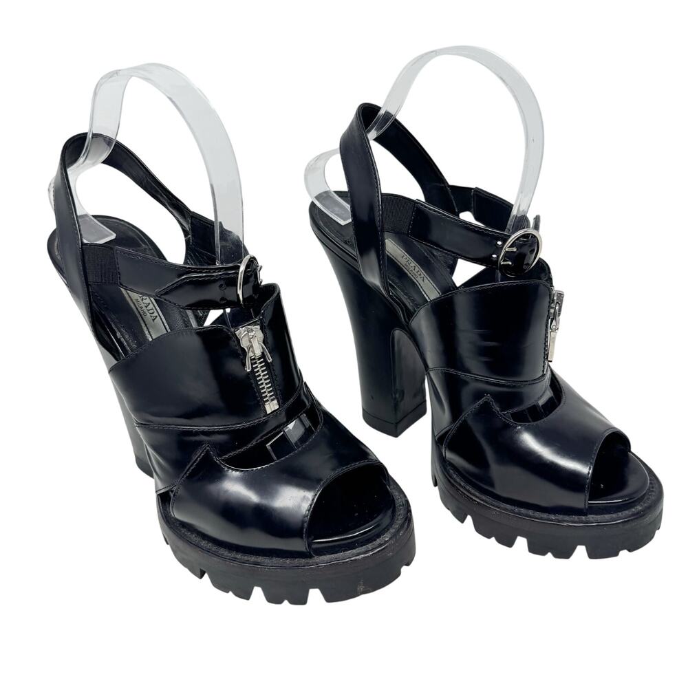 Prada Lug Sole Platform Sandal Heels Zip Front Black Leather 39.5 Chunky